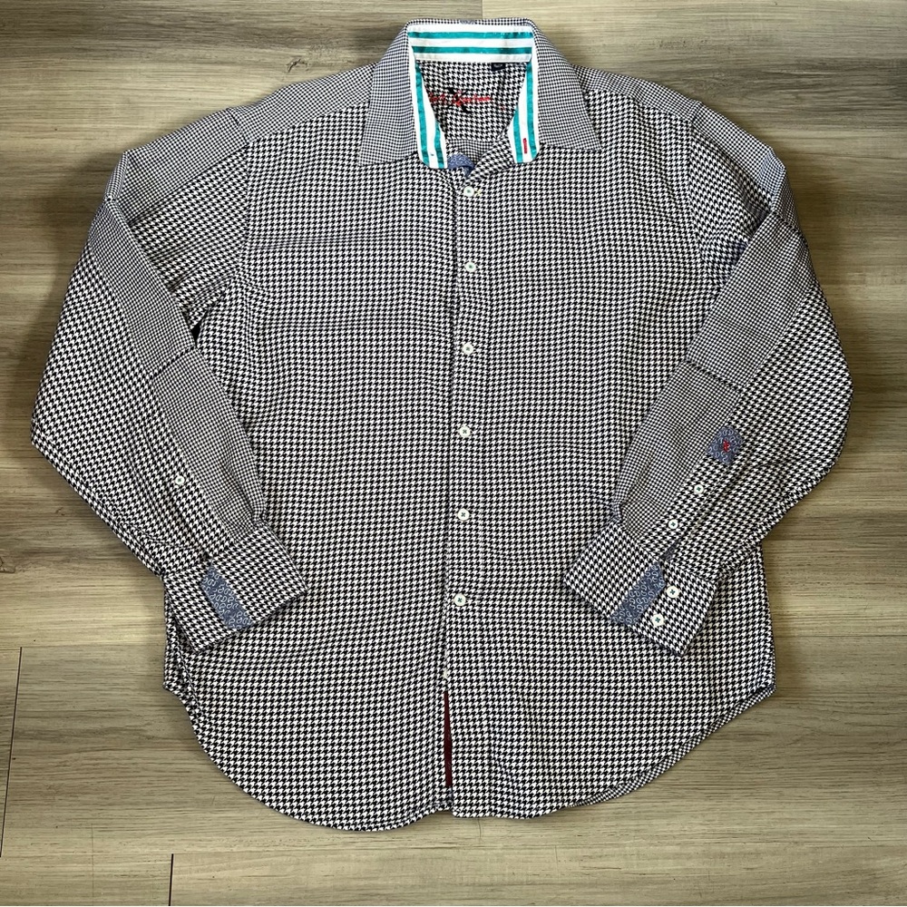 Robert Graham Shirt Blue Houndstooth Flip Cuff Button Up Casual Men’s Sz XL